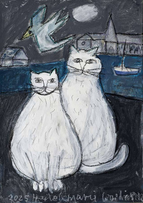 Heidemarie Woitinek, Jagdfieber zu zweit, 2025 <br /> Michtechnik, 41 x 30 cm <br /><strong> Startpreis 250 € </strong>