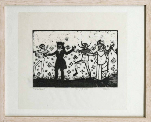 Heidi Vogel, Totentanz, 2025 <br /> Materialschnitt, 29,7 x 20 cm, Handabzug, Rahmen optional 40 €<br /><strong> Startpreis 180 € </strong> <br /><strong>VERKAUFT</strong>