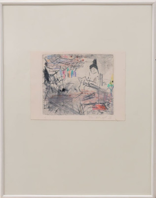 Günter Blendinger, Lesende 2, 2023 <br /> Kaltnadelradierung. Farbstifte, B.16 x 18 cm, Rahmen optional 25 €<br /><strong> Startpreis 180 € </strong>