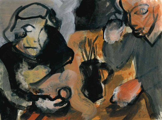 Christian Ulrich, Am Tisch, 2025 <br /> Acryl, Aquarell, Tusche auf Papier, 24 x 32 cm, Rahmen optional 50 <br /><strong> Startpreis 450 € </strong>