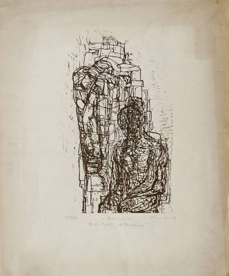Arnold Pemmann, Bekenntnis, Blatt IV aus dem Zyklus „Der Bildhauer“, 1980 <br /> vermutlich Siebdruck, 61 x 50 cm, I/25/10 <br /><strong> Startpreis 80 € </strong>