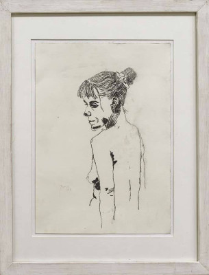 Joachim Bayer, Halbakt, 2025 <br /> Kohle, Papier, 29,3 x 21 cm, Rahmen optional 10 € <br /><strong> Startpreis 350 € </strong>