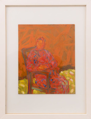 Dorothee Helena Jacobs, Sitzende in Sessel, 1985 <br /> Öl, Acryl auf Karton, 25 x 20,5 cm, Rahmen optional 25 € <br /><strong> Startpreis 250 € </strong>