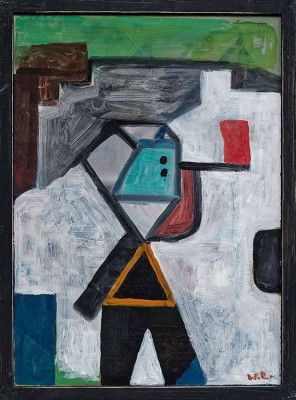 Wolfgang Leber, Figur mit Winkelement, 2011 <br /> Öl, 34 x 24 cm <br /><strong> Startpreis 1200 € </strong><br /><strong>–VERKAUFT–</strong>