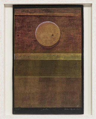 Kathrin Harder, aether /4, 2023 <br /> Öl auf Bütten, Monotypie, Holzdruck, 48,5 x30,7 cm <br /><strong> Startpreis 490 € </strong><br /> Rahmen optional 70 €