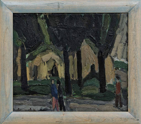 Klaus Roenspieß, Alle mit Späziergängern, 1996 <br /> Öl auf Leinwand, 30 x 35 cm <br /><strong> Startpreis 700 € </strong><br /> Rahmen incl.