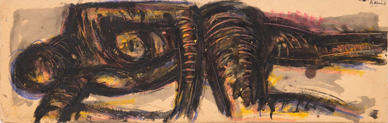 Lothar Böhme, Akt liegend, 1993 <br /> Öl auf Karton, 20 x 62cm<br /><strong> Startpreis 600 € </strong><br /><strong>–VERKAUFT–</strong>