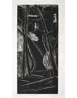 Annette Gundermann, Novemberabend, 2014 <br /> Holzschnitt (Handabzug) im Passepartout, 100 x 46,5 cm <br /><strong> Startpreis 195 € </strong> Rahmen optional 80 €<br /><strong>–VERKAUFT–</strong>