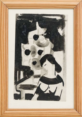 Wilhelm Lachnit, Frau v. Tisch mit Blumen, 1956 <br /> Tuschezeichnung, 25 x 15 cm <br /><strong> Startpreis 300 € </strong><br /> Rahmen incl.<br /><strong>–VERKAUFT–</strong>