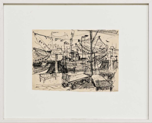 Doris Leue, Hafen 2, 2022 <br /> Feder, Tusche, 21 x 29 cm <br /><strong> Startpreis 350 € </strong><br /> Rahmen optional 30 €