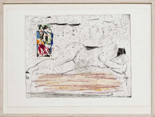 Günter Blendinger, Liegende irgendwo, 2024 <br /> Radierung, Farbstift, 45 x 56 cm <br /><strong> Startpreis 350 € </strong><br /> Rahmen optional 60 €