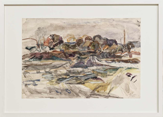 Volker Henze, Landschaft 1, 1986 <br /> Mischtechnik, 30 x 40 cm <br /><strong> Startpreis 600 € </strong><br /> Rahmen optional 40 €