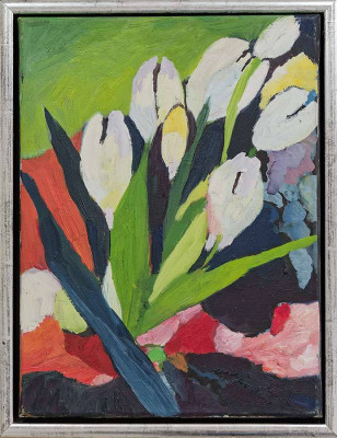 Midele Schade, weiße Tulpen aus Berlin, 2000 <br /> Öl auf Leinwand, 40 x 30 cm <br /><strong> Startpreis 350 € </strong><br /> Rahmen optional 20 €
