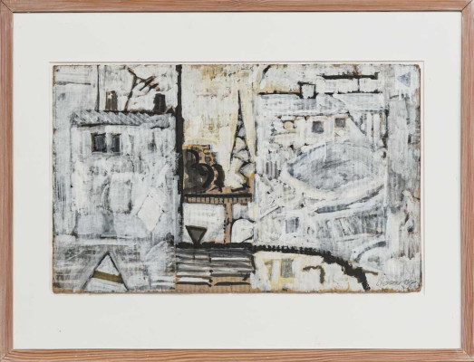 Sabine Peuckert, Ostberlin - der Traum vom Eifelturm, 1980 <br /> MT, Tusche Deckweiß, 43 x 69 cm <br /><strong> Startpreis 850 € </strong><br /> Rahmen optional 65 €