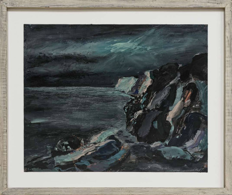 Wolfgang Reinke, Hohes Ufer bei Vollmoond, 2003/24 <br /> Gouache, Silberstift, Karton, 40 x 49,7 cm <br /><strong> Startpreis 160 € </strong><br /> Rahmen optional 30 € <br /><strong>–VERKAUFT–</strong>