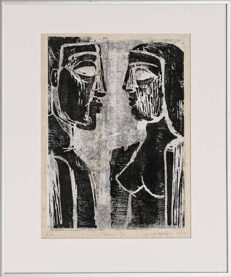 Vera Schwelgin, Paar, 2023 <br /> Holzschnitt/ schwarz/ Weiß/ Chinapapier, 42,5 x 30,5 cm <br /><strong> Startpreis 110 € </strong><br /> Rahmen optional 25 €
<br /><strong>–VERKAUFT–</strong>