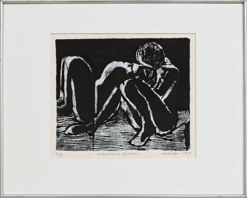 Vera Schwelgin, Verbundene Schatten, 2023 <br /> Holzschnitt/ schwarz/ Weiß/ Karton, 23 x 28 cm <br /><strong> Startpreis 70 € </strong><br /> Rahmen optional 15 €<br /><strong>–VERKAUFT–</strong>