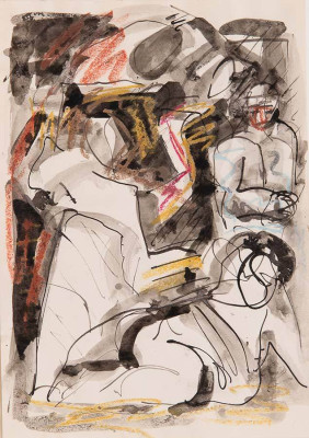 Manfred Böttcher, Dramatische Szene, 1994 <br /> Mischtechnik, 30 x 21 cm<br /><strong> Startpreis 140 € </strong><br /><strong>–VERKAUFT–</strong>