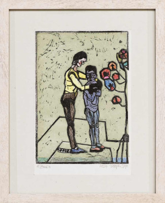 Heidi Vogel, Zwei, 2024 <br /> Holzschnitt Koloriert, 25 x 30 cm <br /><strong> Startpreis 240 € </strong><br /> Rahmen optional 25 €<br /><strong>–VERKAUFT–</strong>