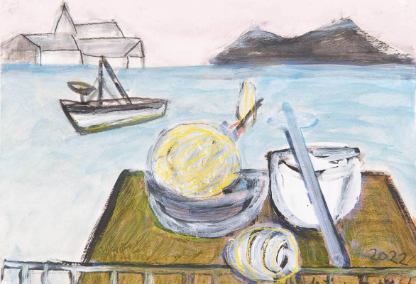 Heidemarie Woitinek, Eine Muschel macht noch keinen Sommer, 2023 <br /> Mischtechnik , 30 x 42 cm <br /><strong> Startpreis 130 € </strong><br /><strong>–VERKAUFT–</strong>