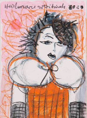 Heidemarie Woitinek, Dame mit Hündchen, 2022 <br /> Mischtechnik , 30 x 21 cm <br /><strong> Startpreis 110 € </strong>