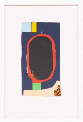 Manfred Zoller, Rote Bahn, 2024 <br /> Collage, 19,7 x 10,4 cm <br /><strong> Startpreis 180 € </strong><br /> Rahmen optional 5 €<br /><strong>–VERKAUFT–</strong>