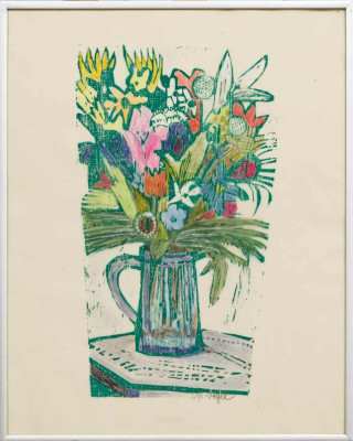 Heidi Vogel, Blumenstrauss, ca. 1981 <br /> Holzschnitt Koloriert, 41 x 53 cm <br /><strong> Startpreis 320 € </strong><br /> Rahmen optional 45 €