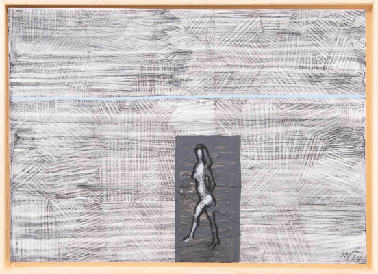 Matthias Wegehaupt, Strukturen, die Frau und das Meer, 2024 <br /> Acryl auf Gewebe, 50 x 70 cm <br /><strong> Startpreis 810 € </strong><br /> Rahmen optional 40 €