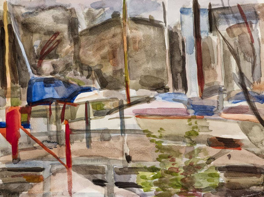 Wulff Sailer, Anlegestelle Warnemünde, 1996 <br /> Aquarell, 36 x 48 cm <br /><strong> Startpreis 430 € </strong><br /><strong>–VERKAUFT–</strong>