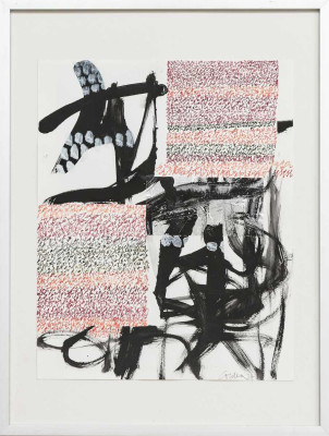 Martin Colden, Zeichen + Schrift, 2024 <br /> Tusche schwarz, rot, grün, 30 x 24 cm <br /><strong> Startpreis 180 € </strong><br /> Rahmen optional 25 €<br /><strong>–VERKAUFT–</strong>