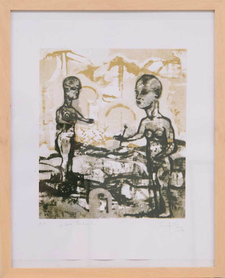 Thomas K. Müller, Die Trabanten, 2024 <br /> zweifarbiger Siebdruck, 26 x 32 cm <br /><strong> Startpreis 320 € </strong><br /> Rahmen optional 35 €