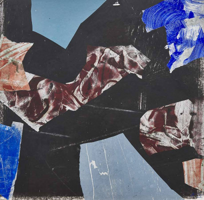 Annette Gundermann, Klänge der Nacht, 2023 <br /> Collage auf rücksetigem Holzschnitt, 47,5 x 48,5 cm <br /><strong> Startpreis 430 € </strong><br /> Rahmen optional 80 €