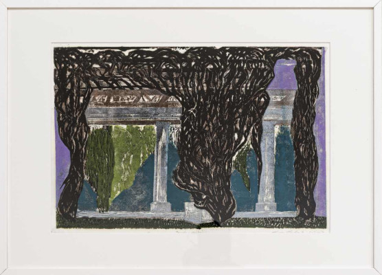 Karen Koschnick, Pergola in Breslau, 2024 <br /> Linolschnitt auf Japanpapier, 50 x 70 cm <br /><strong> Startpreis 230 € </strong><br /> Rahmen 30 €