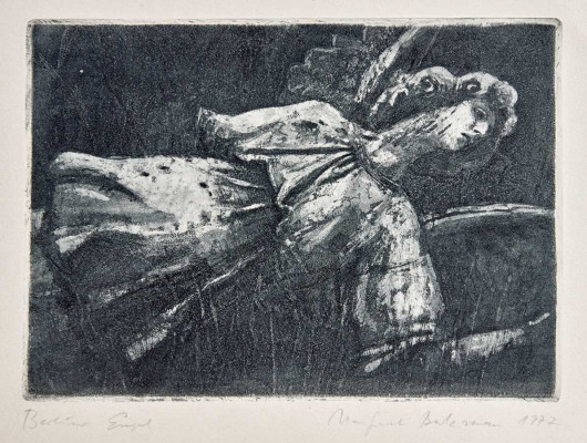 Manfred Butzmann, Berliner Engel, 1977<br />Aquatinta Probedruck, 17 x 23,5 cm<br /><strong>Startpreis 140 €</strong><br /><span style="color:#FF0000;"><strong> verkauft</strong></span>