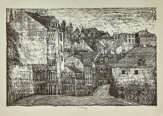 Werner Wittig, Häuser, um 1980  <br /> Grafik, 14 x 22 cm   <br /><strong>Startpreis  120 € </strong>