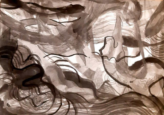Susanne Schüffel, Wassermusik 1, 2021 <br /> Chinatusche auf Papier, 27,9 x 42 cm <br /><strong>Startpreis 320 € </strong>, Rahmen optional 20 €