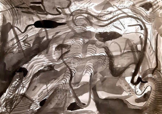 Susanne Schüffel, Wassermusik 2, 2021 <br /> Chinatusche auf Papier, 27,9 x 43 cm <br /><strong>Startpreis 320 € </strong>, Rahmen optional 20 €