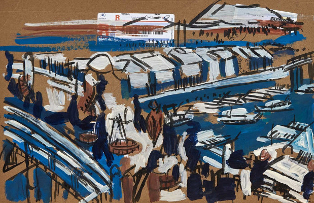 Martin Enderlein, Die Brücke, nach Hiroshige, 2021 <br /> Mischtechnik auf Karton, 26 x 40 cm<br /><strong>Startpreis 250 € </strong>