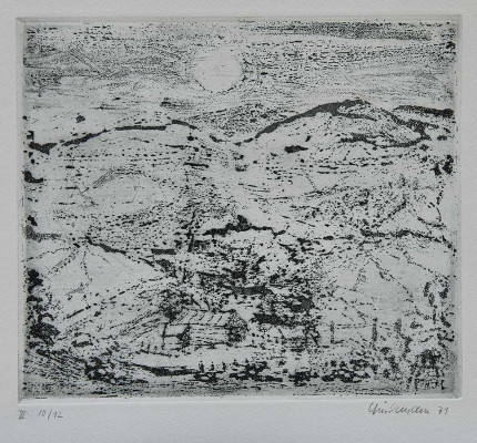 Rolf Lindemann, Landschaft, 1971 <br />Radierung, 17 x 21 cm, III/10/12 cm <br /><strong>Startpreis 60 €</strong><br /><span style="color:#FF0000;"><strong> verkauft</strong></span>