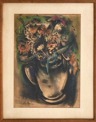 Paul Kuhfuss, kleines Blumenstück, 1938<br />Pastellkreide, 42 x 30 cm <br /><strong>Startpreis  180 € </strong>, inklusive Rahmen<br /><span style="color:#FF0000;"><strong> verkauft</strong></span>