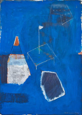 Heidi Woitenek, o.T. mit Wimpel, 2002 <br />Tempera auf Karton, 71 x 51 cm<br /><strong>Startpreis 150 € </strong>