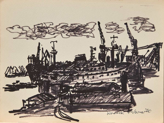 Heinz Worner, Rostock/Hafen, 1970 <br />Filzstift, 24 x 32 cm<br /><strong>Startpreis 80,€ </strong>