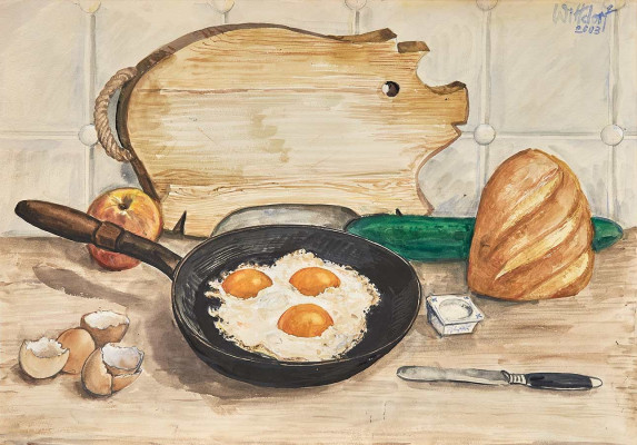 Jürgen Wittdorf, Stillleben mit Bratpfanne, 2003<br />Aquarell, 51 x 72,5 cm   <br /><strong>Startpreis  400 € </strong>