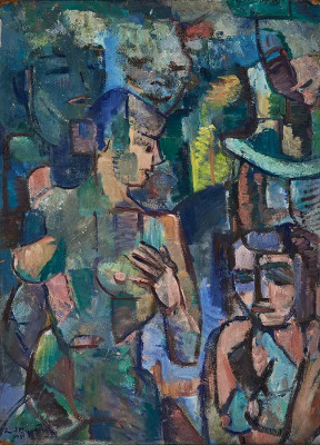 Immanuel Meyer-Pyritz, Figurenkomposition, 1950<br />Öl auf Hartfaser, 95 x 69 cm <br /><strong>Startpreis 300 € </strong>, auf Rückseite Selbsportrait<br /><span style="color:#FF0000;"><strong> verkauft</strong></span>