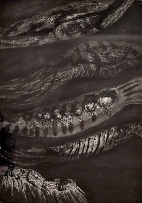 Dorothee Jacobs, Fünf Fische (dunkle Version), 2019<br /> Japan Tusche auf Aquarellpapier, 24 x 17 cm<br /><strong>Startpreis 150 € </strong>, Rahmen optional 30 €
