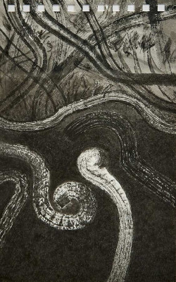 Dorothee Jacobs, Fünf Wasserschlangen, 2019/20<br /> Japan Tusche auf Aquarellpapier, 25 x 15 cm<br /><strong>Startpreis 150 € </strong>, Rahmen optional 30 €