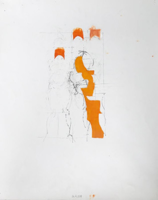 Alexander Sgonina, o.T. (orange)   <br /> Zeichenkohle, 60 x 49 cm  <br /><strong>Startpreis  150 € </strong>, Rahmen optional 50 €