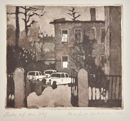 Manfred Butzmann, Autos auf dem Hof, 1972<br />Aquatinta, 15,5 x 18 cm Probedruck<br /><strong>Startpreis 90 €</strong><br /><span style="color:#FF0000;"><strong> verkauft</strong></span>
