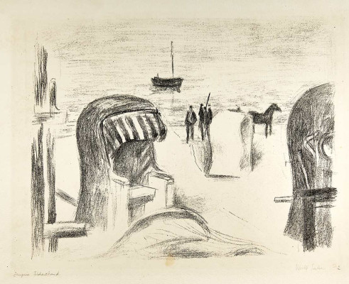 Wulff Sailer, Sempiner Fischerstrand, 1972  <br />Lithografie, 29 x 35 cm<br /><strong>Startpreis  75 €</strong>, leichte Beschädigung