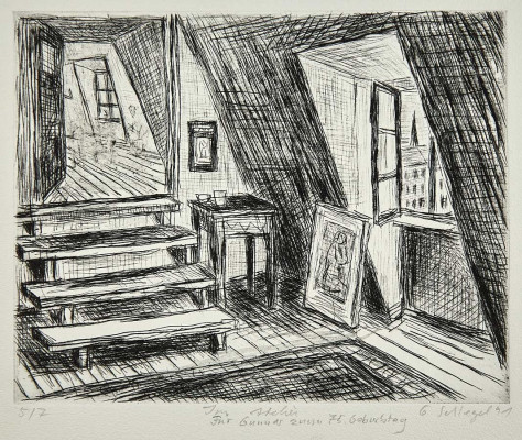 Gerti Schlegel, im Atelier, 1991<br />Radierung, 17 x 22 cm, 5/7<br /><strong>Startpreis 75 €</strong>